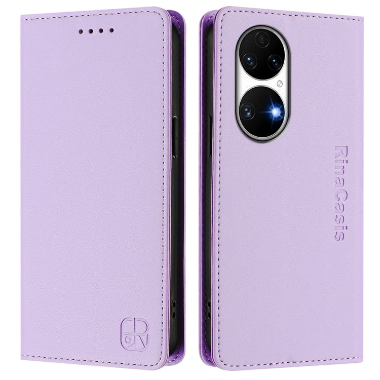 Funda de Cuero Huawei P50 Rc01 con Doble Pliegue y Succión Magnética Rfid (Morado Claro)