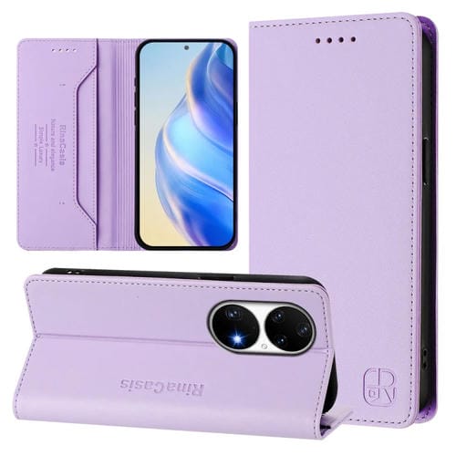 Funda de Cuero Huawei P50 Pro Rc01 con Doble Pliegue y Succión Magnética (Morado Claro)
