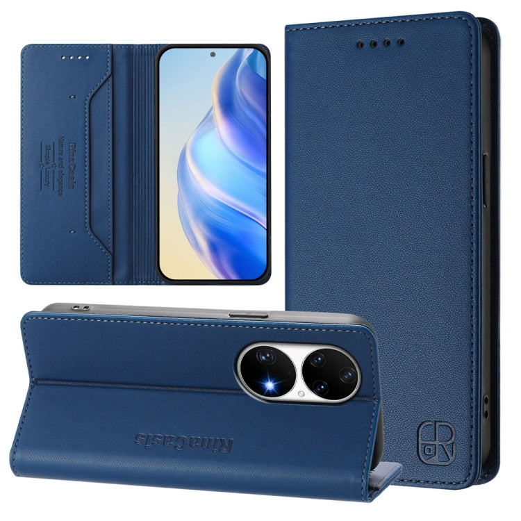 Funda de Cuero para Huawei P50 Pro Rc01 con Doble Pliegue y Succión Magnética (Azul Oscuro)
