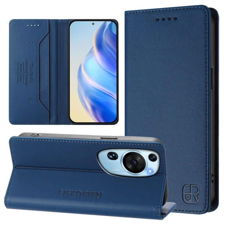 Funda de Cuero para Huawei P60 Art Rc01 con Doble Pliegue y Succión Magnética Rfid (Azul Oscuro)