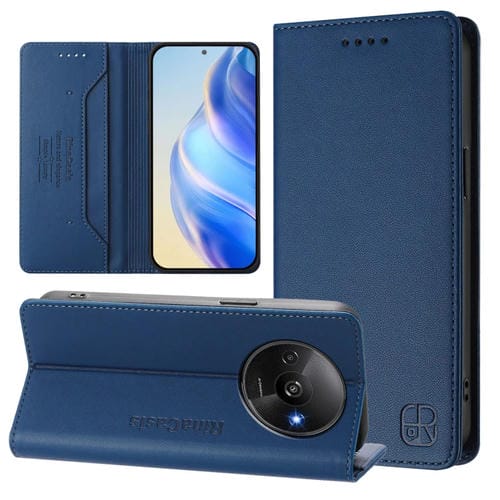 Funda de Cuero con Doble Pliegue y Succión Magnética para Teléfono Redmi A3 / Xiaomi Poco C61 4G Global Rc01 (Azul Oscuro)