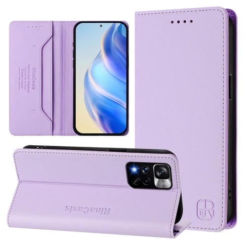 Funda de Cuero con Doble Pliegue y Succión Magnética Rfid para Redmi Note 11 Pro+ 5G, Modelo Europeo Rc01 (Morado Claro)