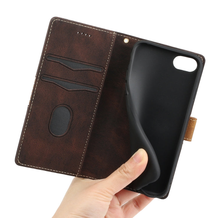 Funda de Cuero para iPhone 16E con Costuras de Cuadrícula y Cordón (Marrón)