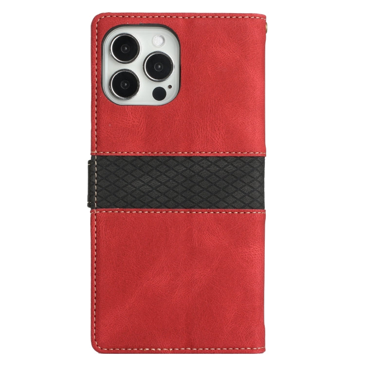 Funda Cuero con Costuras de Cuadrícula para iPhone 14 Pro Max con Cordón (Rojo)