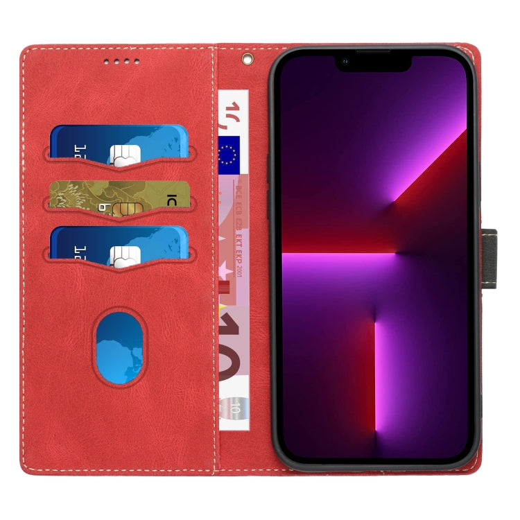 Funda Cuero con Costuras de Cuadrícula para iPhone 14 Pro Max con Cordón (Rojo)