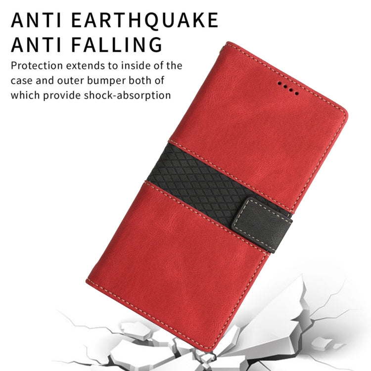 Funda Cuero con Costuras de Cuadrícula para iPhone 14 Pro Max con Cordón (Rojo)