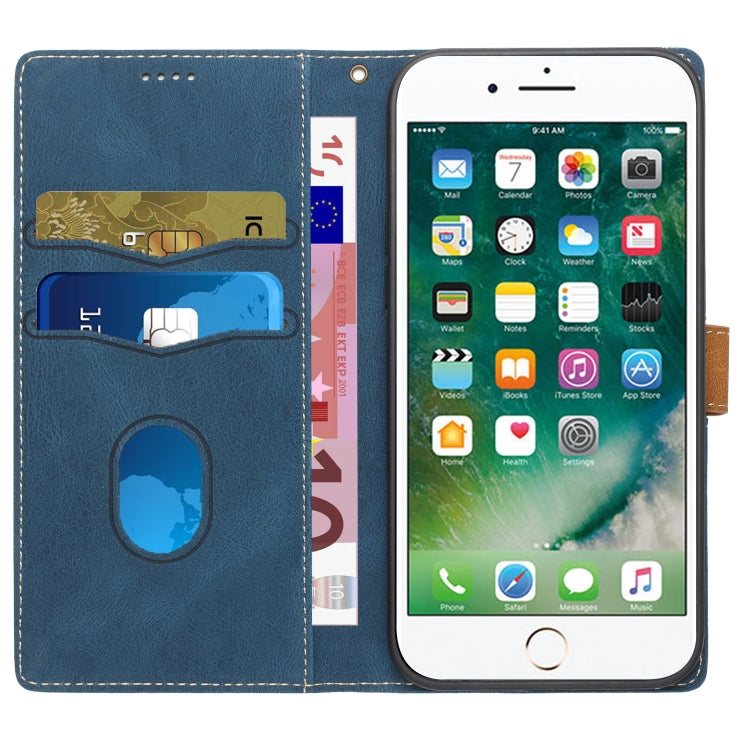 Funda de Cuero para iPhone Se 2022/2020 con Costuras de Cuadrícula y Cordón (Azul)