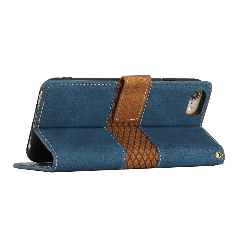 Funda de Cuero para iPhone Se 2022/2020 con Costuras de Cuadrícula y Cordón (Azul)