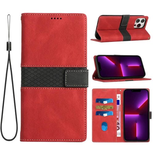 Funda de Cuero para iPhone 13 Pro con Costuras en Cuadrícula y Cordón (Rojo)