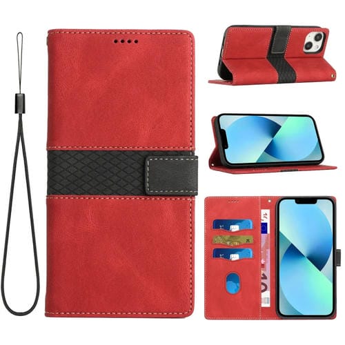 Funda de Cuero para iPhone 13 con Costuras de Cuadrícula y Cordón (Rojo)
