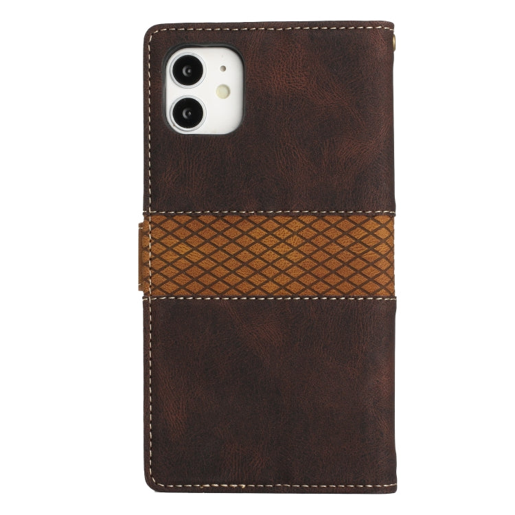 Funda de Cuero para iPhone 11 con Costuras en Cuadrícula y Cordón (Marrón)