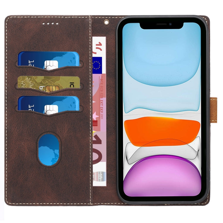 Funda de Cuero para iPhone 11 con Costuras en Cuadrícula y Cordón (Marrón)