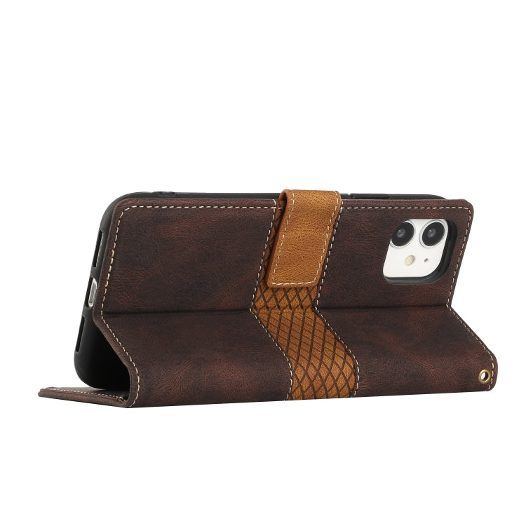 Funda de Cuero para iPhone 11 con Costuras en Cuadrícula y Cordón (Marrón)