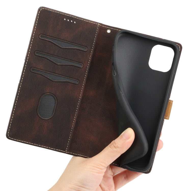 Funda de Cuero para iPhone 11 con Costuras en Cuadrícula y Cordón (Marrón)