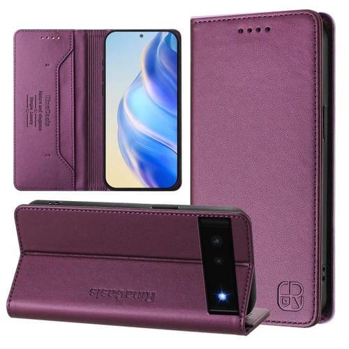 Funda de Cuero con Doble Pliegue y Succión Magnética Rfid para Google Pixel 6 Rc01 (Violeta)