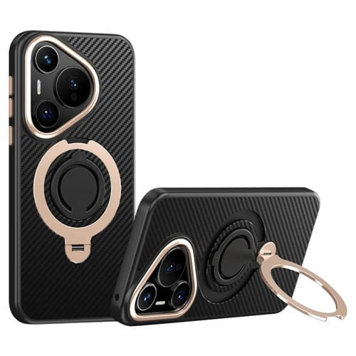 Funda Fibra de Carbono Magsafe Huawei Pura 70 con Soporte Giratorio 360° (Negro y Dorado)