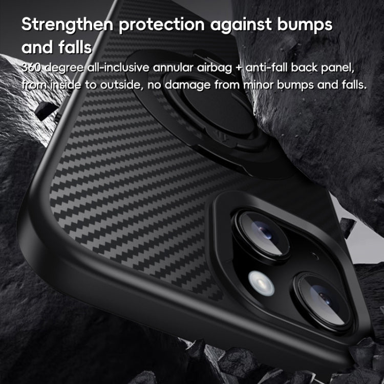 Funda de Teléfono Magsafe Fibra de Carbono para iPhone 15 Plus 14 Plus con Soporte Giratorio 360 Grados (Oro Negro)