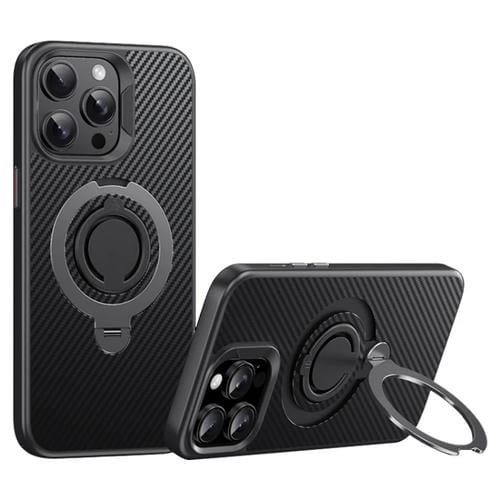 Funda de Teléfono Magsafe Fibra de Carbono para iPhone 14 Pro con Soporte Giratorio 360 (Negro y Gris)