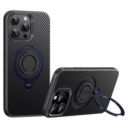 Funda de Teléfono Magsafe Fibra de Carbono para iPhone 12 Pro Max con Soporte Giratorio 360 (Negro y Azul)