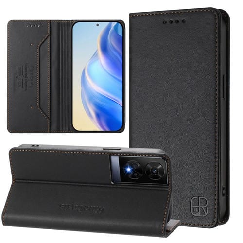 Funda de Cuero Rfid para TCL 50 Xe Rc01 con Succión Magnética y Doble Pliegue (Negra)
