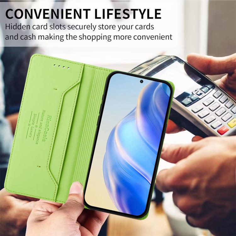 Funda de cuero con doble pliegue y succión magnética RFID para TCL 605/60 SE RC01 (verde hierba)