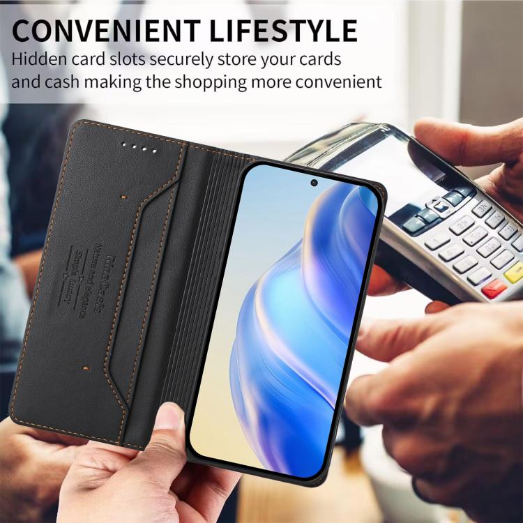 Funda de cuero con doble pliegue y succión magnética RFID para TCL 605/60 SE RC01 (negra)