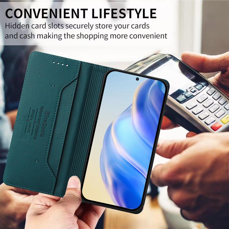 Funda de cuero con doble pliegue y succión magnética RFID para TCL 605/60 SE RC01 (verde oscuro)