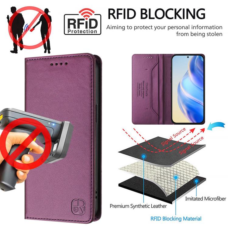 Funda de cuero con doble pliegue y succión magnética RFID para TCL 605/60 SE RC01 (violeta)