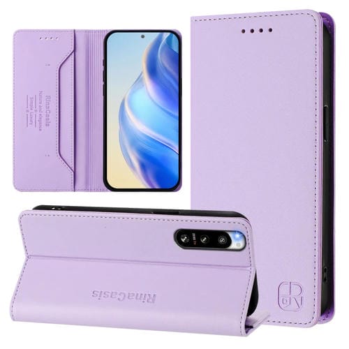 Funda de Cuero con Doble Pliegue y Succión Magnética RFID para Sony Xperia 5 IV RC01 (Morado Claro)