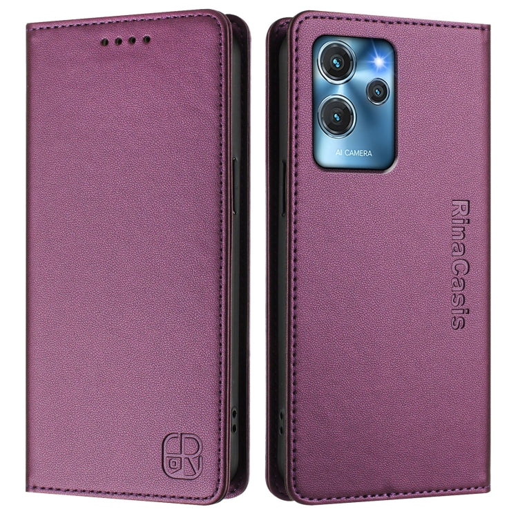 Funda de Cuero Rfid con Doble Pliegue y Succión Magnética para Oukitel C32 Rc01 (Violeta)