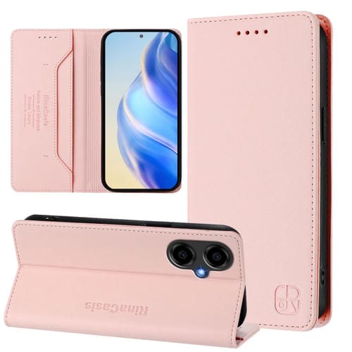 Funda de Cuero RFID con Doble Pliegue y Succión Magnética para Teléfono Blu G64 Rc01 (Rosa)