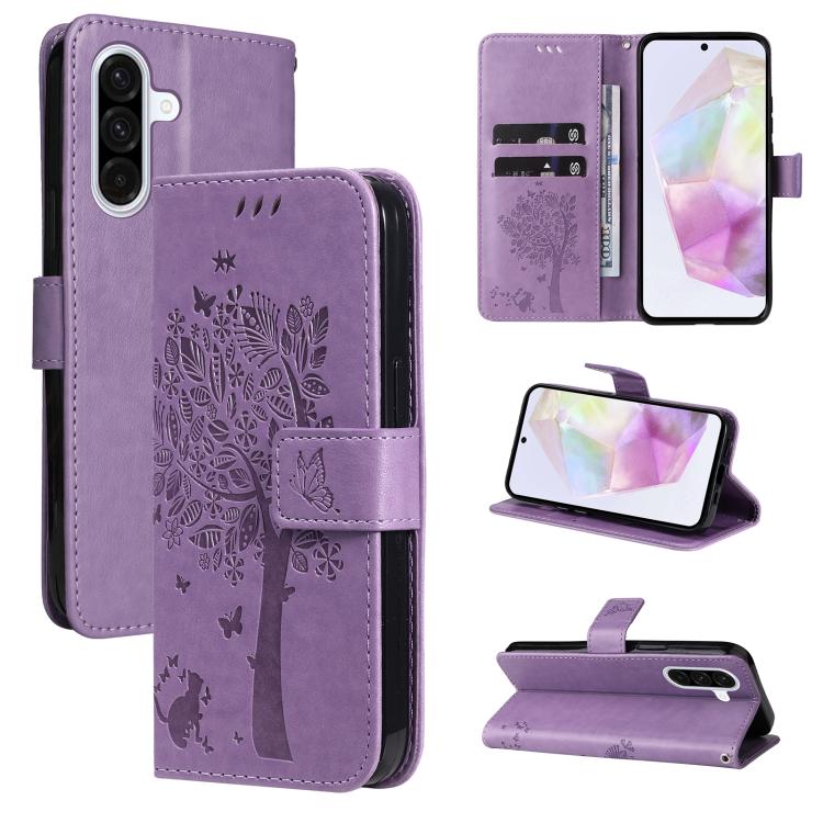 Funda de cuero con tapa y estampado de árbol y gato para Samsung Galaxy A36 5G / M56 5G (morado claro)
