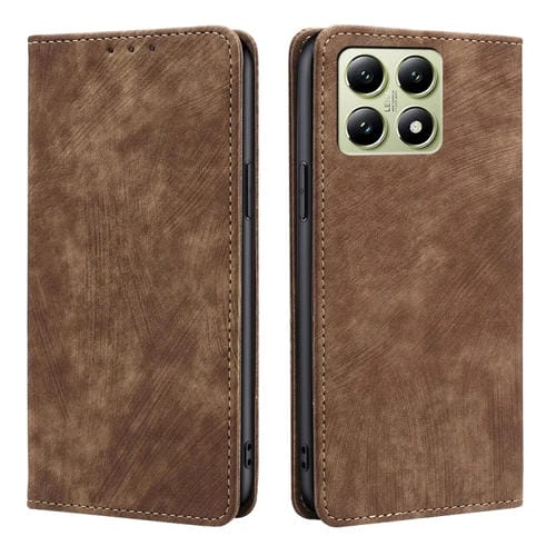 Funda De Cuero Magnética Con Cepillo Antirrobo Rfid Para Teléfono Xiaomi 14T 5G (Marrón)