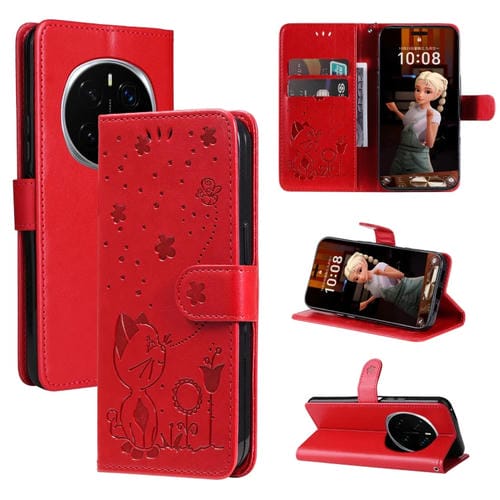 Funda de Cuero a Prueba de Golpes para Honor Magic7 Pro (Rojo) con Estampado de Abeja y Gato