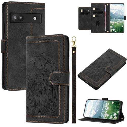Funda de Cuero con Relieve de Tulipanes para Google Pixel 6A con Cordón (Negro)