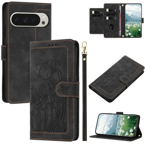 Funda de Cuero con Relieve Tulipanes para Google Pixel 9 Pro XL con Cordón (Negro)