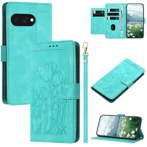 Funda de Cuero con Relieve de Tulipanes para Google Pixel 9A con Cordón (Verde)