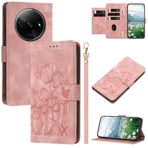 Funda de Cuero con Relieve de Tulipanes para Redmi A3 con Cordón (Rosa)