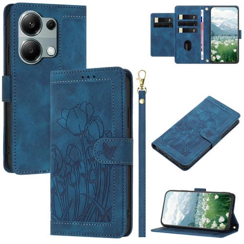 Funda de Cuero con Relieve de Tulipanes para Redmi Note 13 Pro 5G con Cordón (Azul)