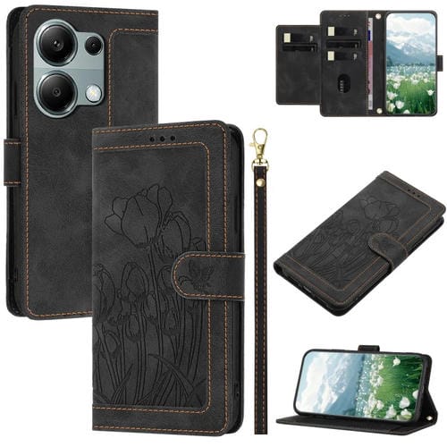 Funda de Cuero con Relieve de Tulipanes para Redmi Note 13 Pro 5G con Cordón (Negro)