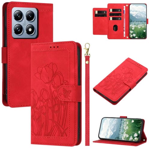 Funda de Piel con Relieve de Tulipanes para Xiaomi 14T Pro con Cordón (Rojo)