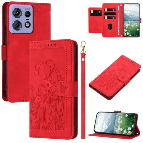 Funda de Cuero con Relieve de Tulipanes para Motorola Edge 50 Pro con Cordón (Rojo)