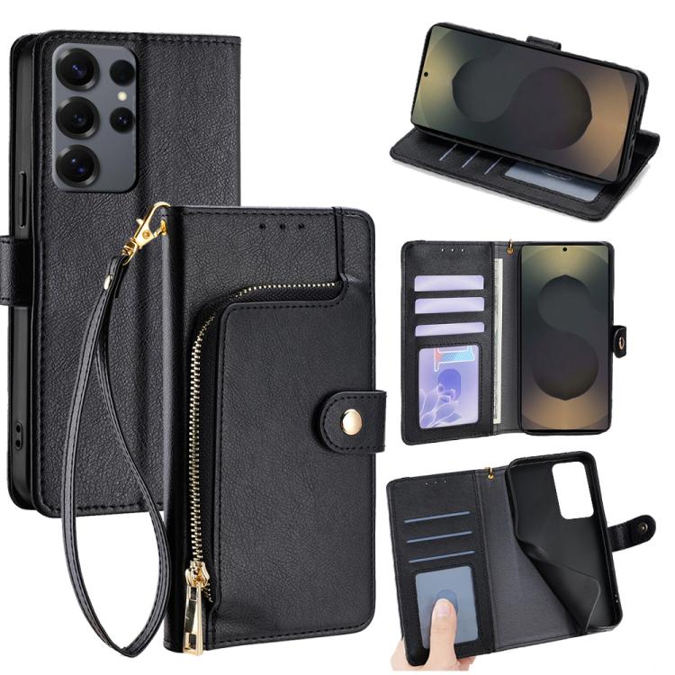 Funda de cuero con cremallera para Samsung Galaxy S25 Ultra 5G (negra)