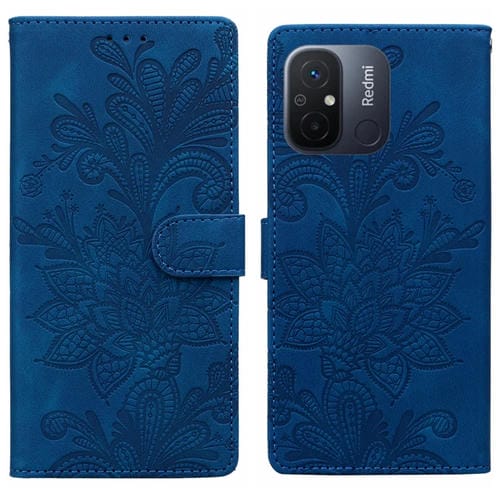 Funda de Teléfono con Hebilla Magnética y Encaje Floral En Relieve para Redmi 11A/12C (Azul)