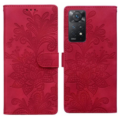 Funda de Teléfono con Hebilla Magnética y Encaje Floral En Relieve para Redmi Note 11 Pro 5G (Rojo)