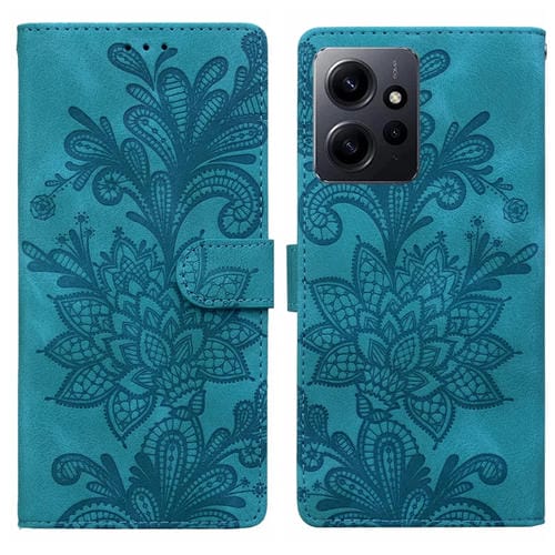 Funda de Teléfono con Hebilla Magnética y Encaje Floral En Relieve para Redmi Note 12 4G Global con Correa para la Muñeca (Verde)