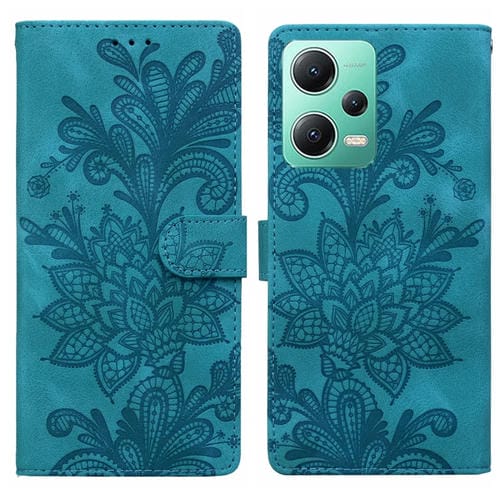 Funda de Teléfono con Hebilla Magnética y Encaje Floral En Relieve para Redmi Note 12 5G Global con Correa para la Muñeca (Verde)