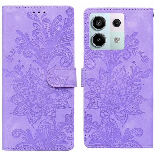Funda de Teléfono con Hebilla Magnética de Pu con Encaje Floral En Relieve para Redmi Note 13 Pro 5G con Correa para la Muñeca (Morado)
