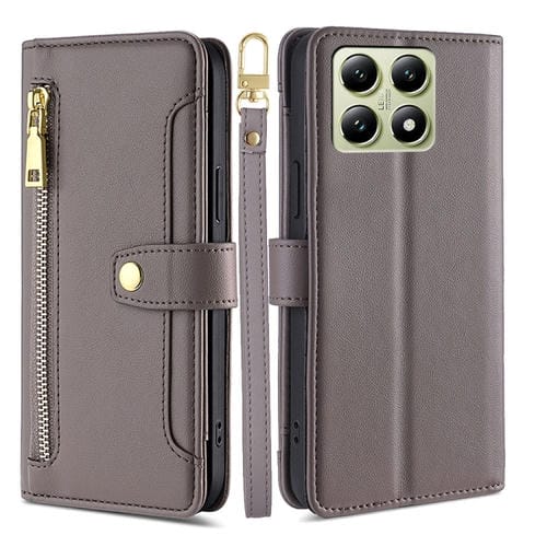 Funda De Cuero Tipo Billetera Con Cremallera Y Diseño Cruzado Con Textura De Oveja Para Xiaomi 14T 5G (Gris)