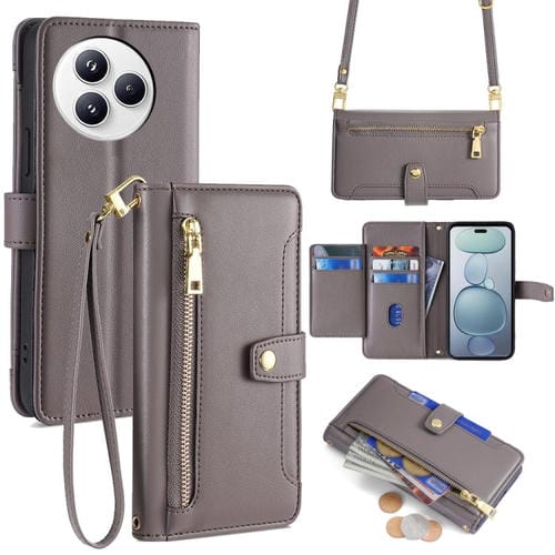 Funda de cuero tipo cartera con cremallera y textura de oveja para Xiaomi Civi 5 Pro 5G (gris)